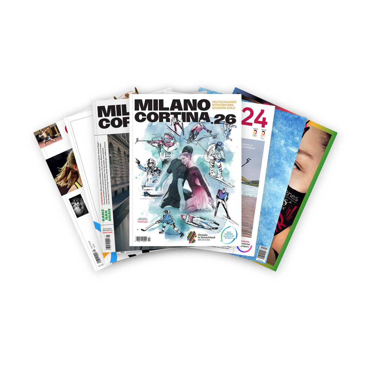 Achter-Pack: alle acht bisher erschienenen Ausgaben des Olympiamagazins von 20.20 bis MILANO CORTINA.26, aufgefächert