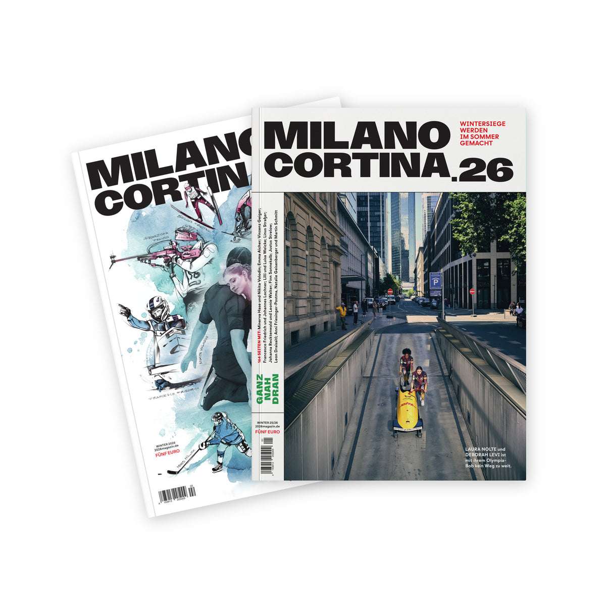 Milano-Cortina-Duo: die beiden Hefte MILANO CORTINA.26 – Wintersiege werden im Sommer gemacht und MILANO CORTINA.26 – Mission Gold, aufgefächert
